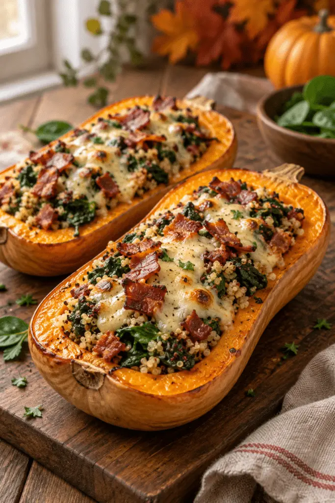 stuffed butternut squash with spinach bacon and cheese