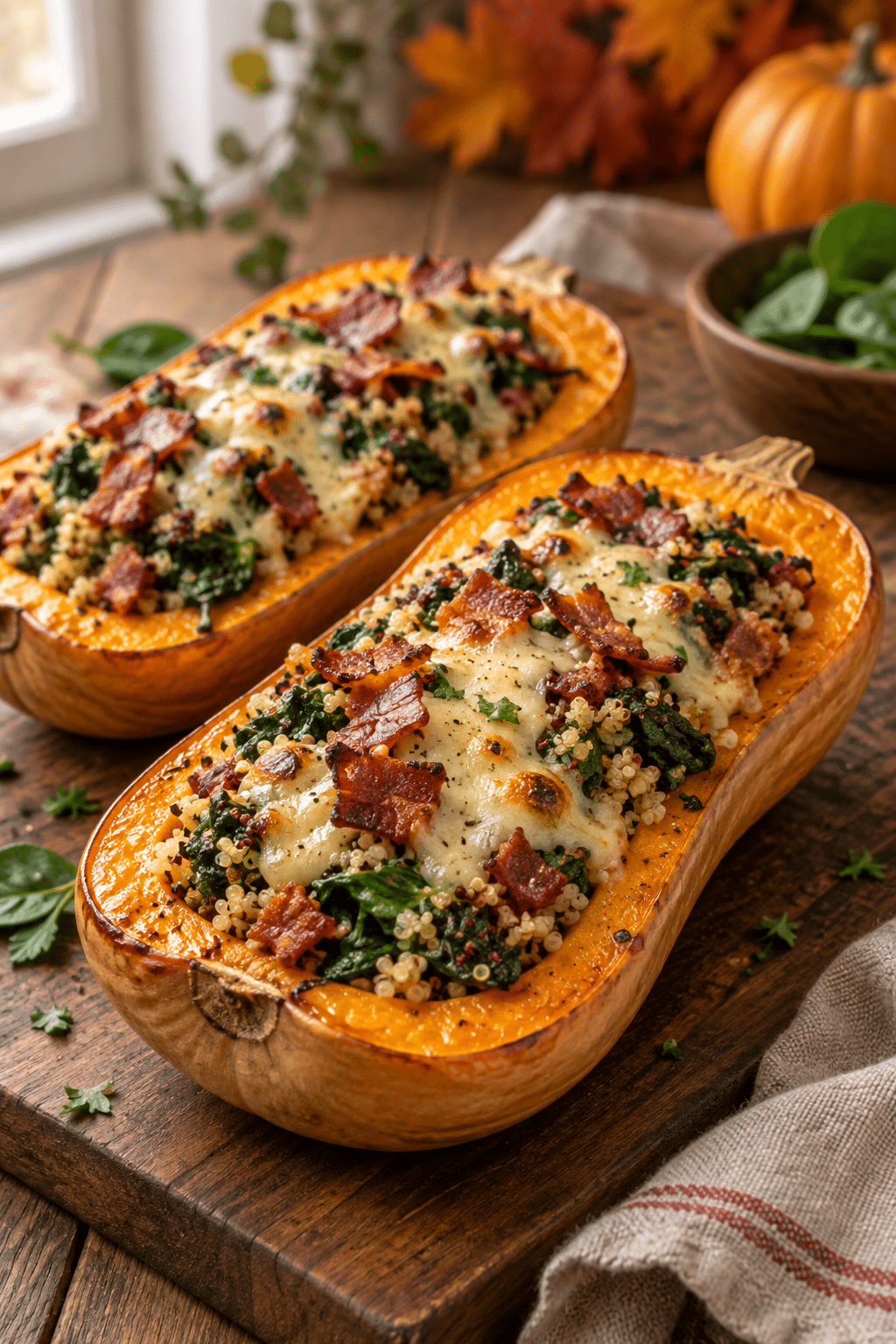 stuffed butternut squash with spinach bacon and cheese