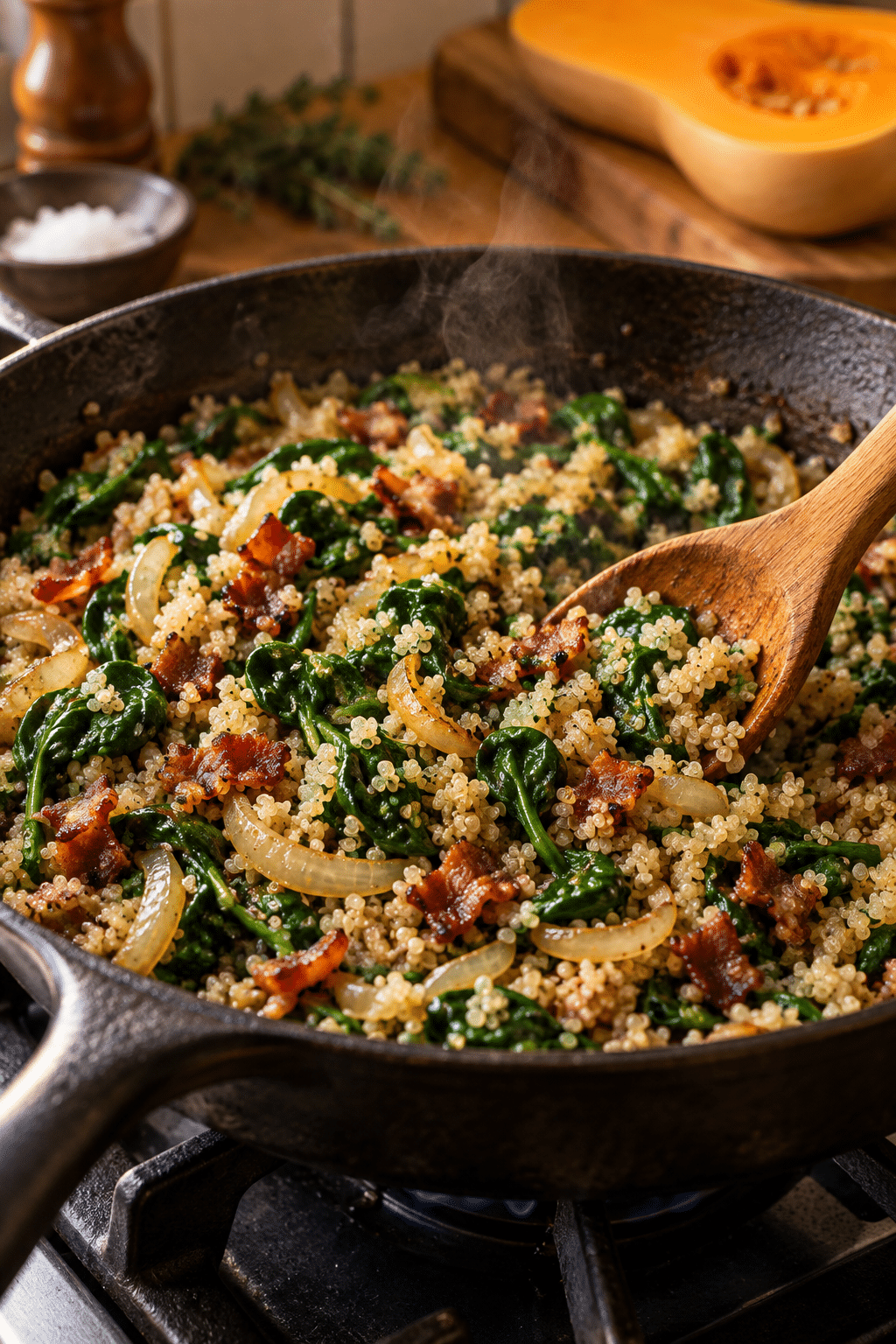 stuffed butternut squash filling in the skillet