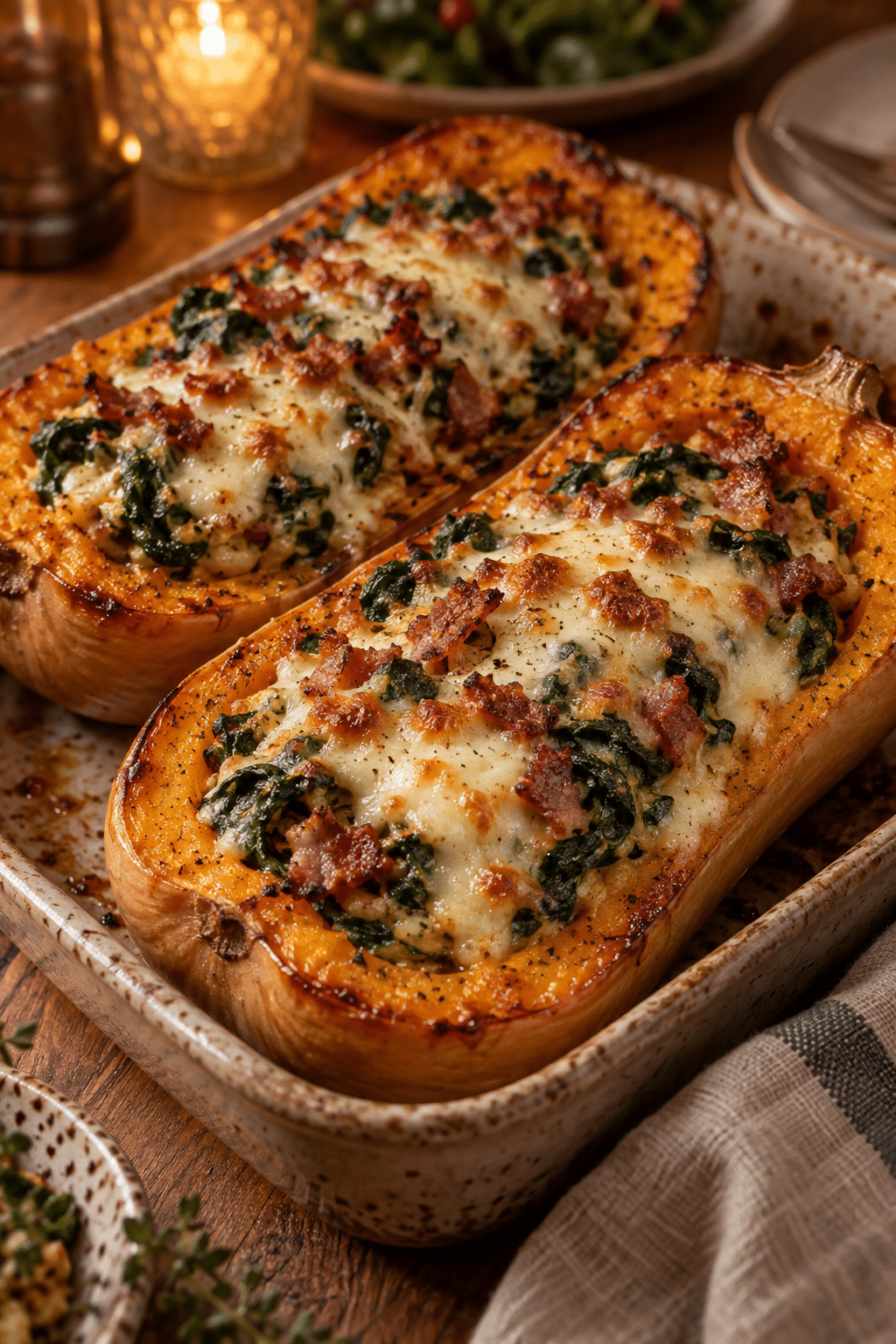 baked stuffed butternut squash with melted cheese