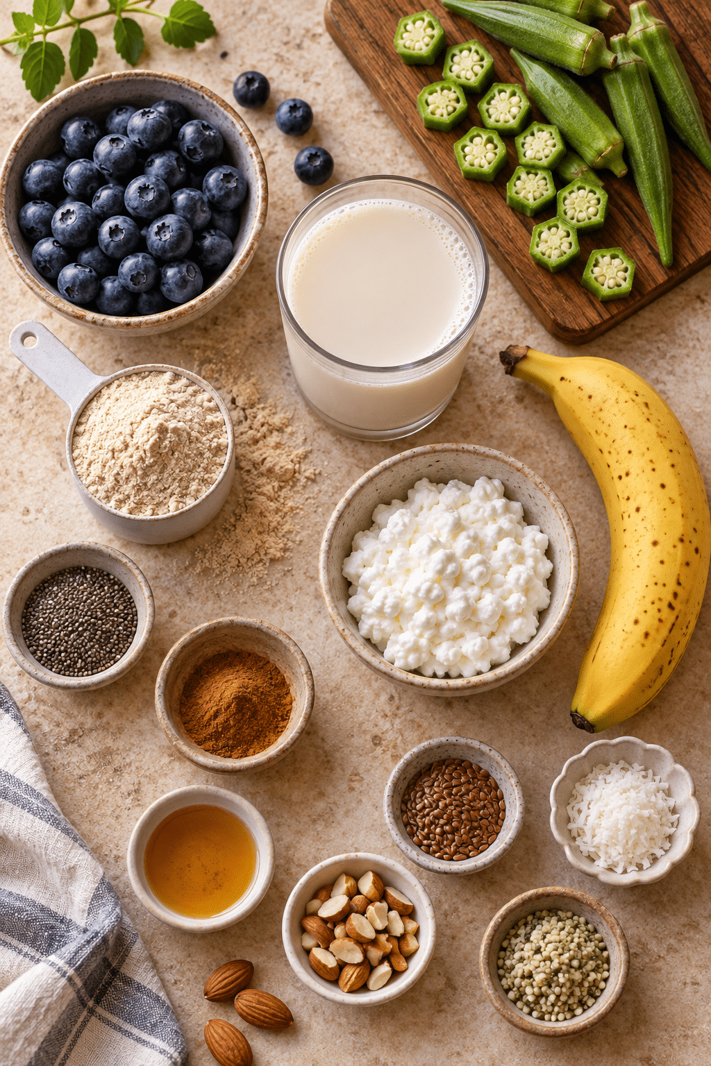 superfood breakfast smoothie ingredients arranged for blending