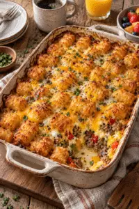 tater tot breakfast casserole with sausage and crisp potato topping
