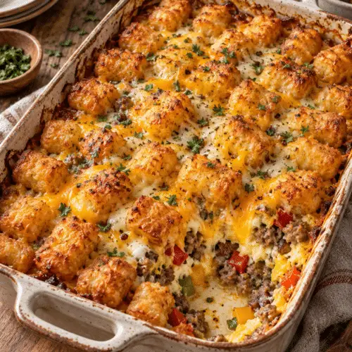 tater tot breakfast casserole with sausage and crisp potato topping