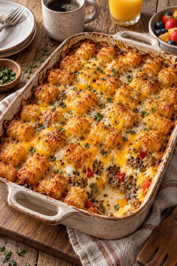 tater tot breakfast casserole with sausage and crisp potato topping
