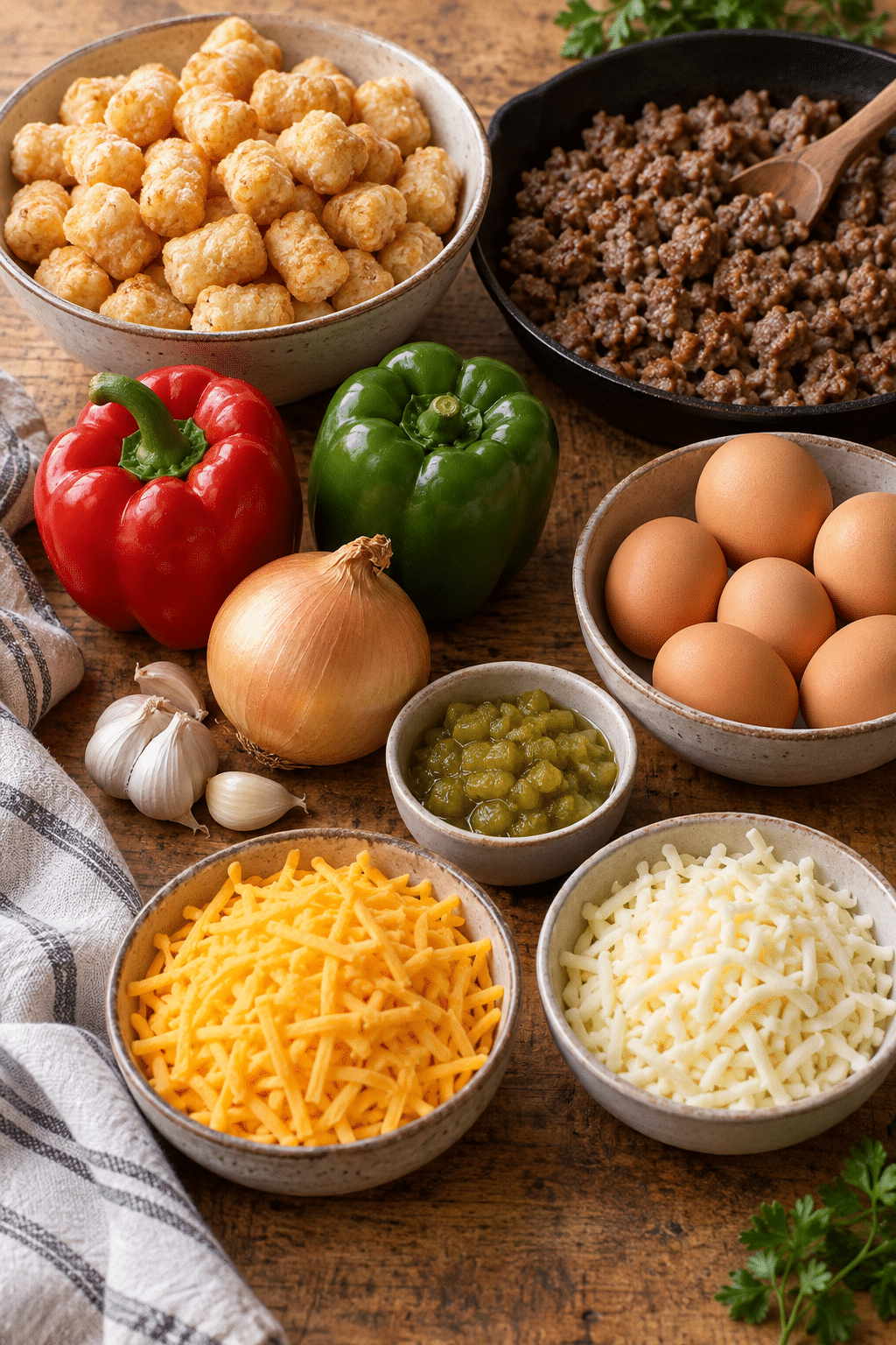 tater tot breakfast casserole ingredients measured and arranged