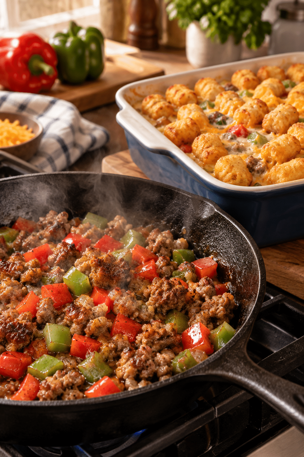 tater tot breakfast casserole sausage and vegetables being prepared
