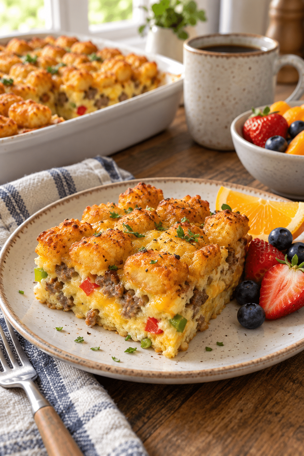 sliced tater tot breakfast casserole ready to serve