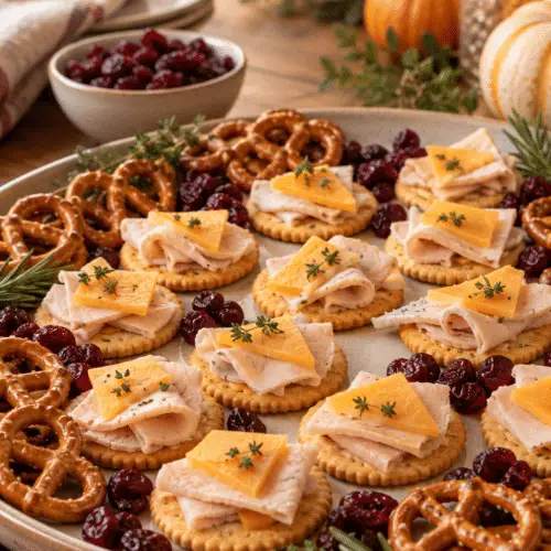 turkey cracker snacks arranged on a festive tray