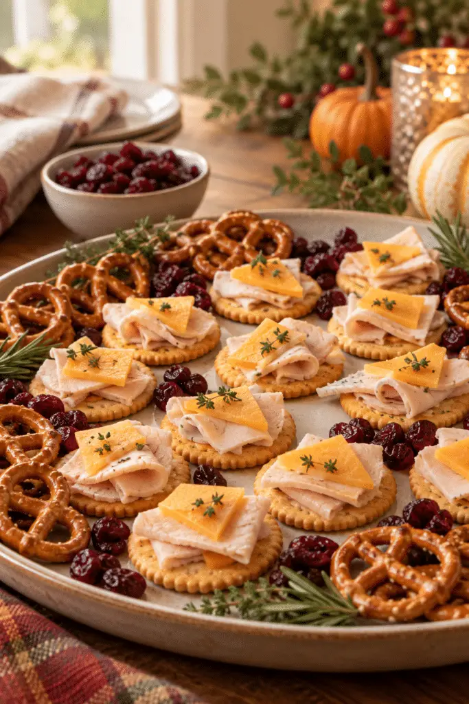 turkey cracker snacks arranged on a festive tray