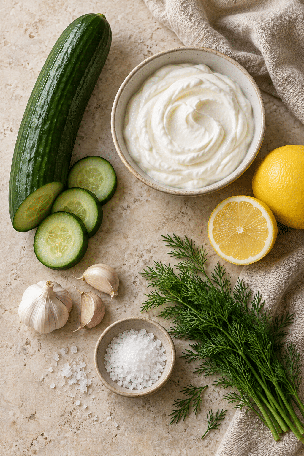 tzatziki ingredients arranged for preparation