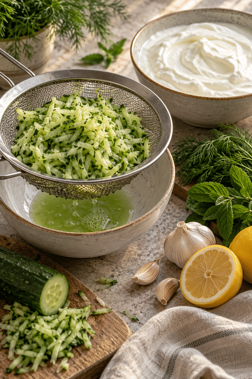 grated cucumber being prepared for tzatziki