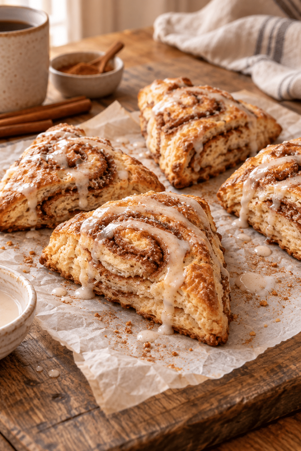 vegan cinnamon roll scones with cinnamon sugar glaze