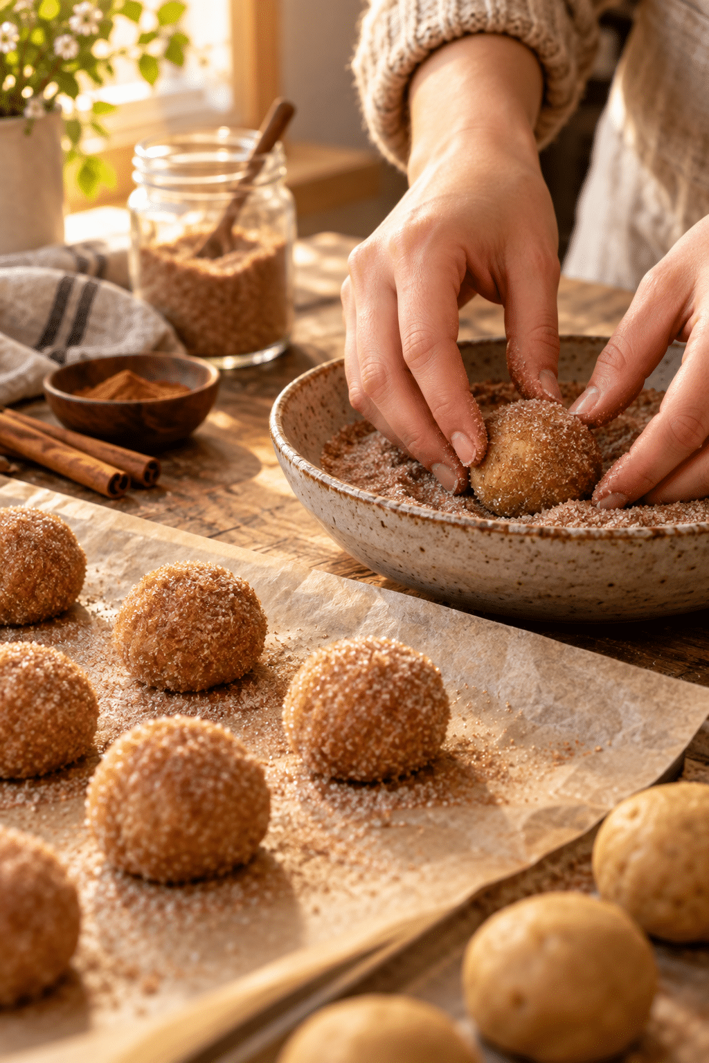 vegan maple snickerdoodles dough being rolled in cinnamon sugar