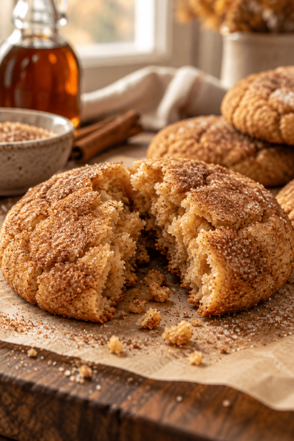 vegan maple snickerdoodles with crisp edges and soft centers