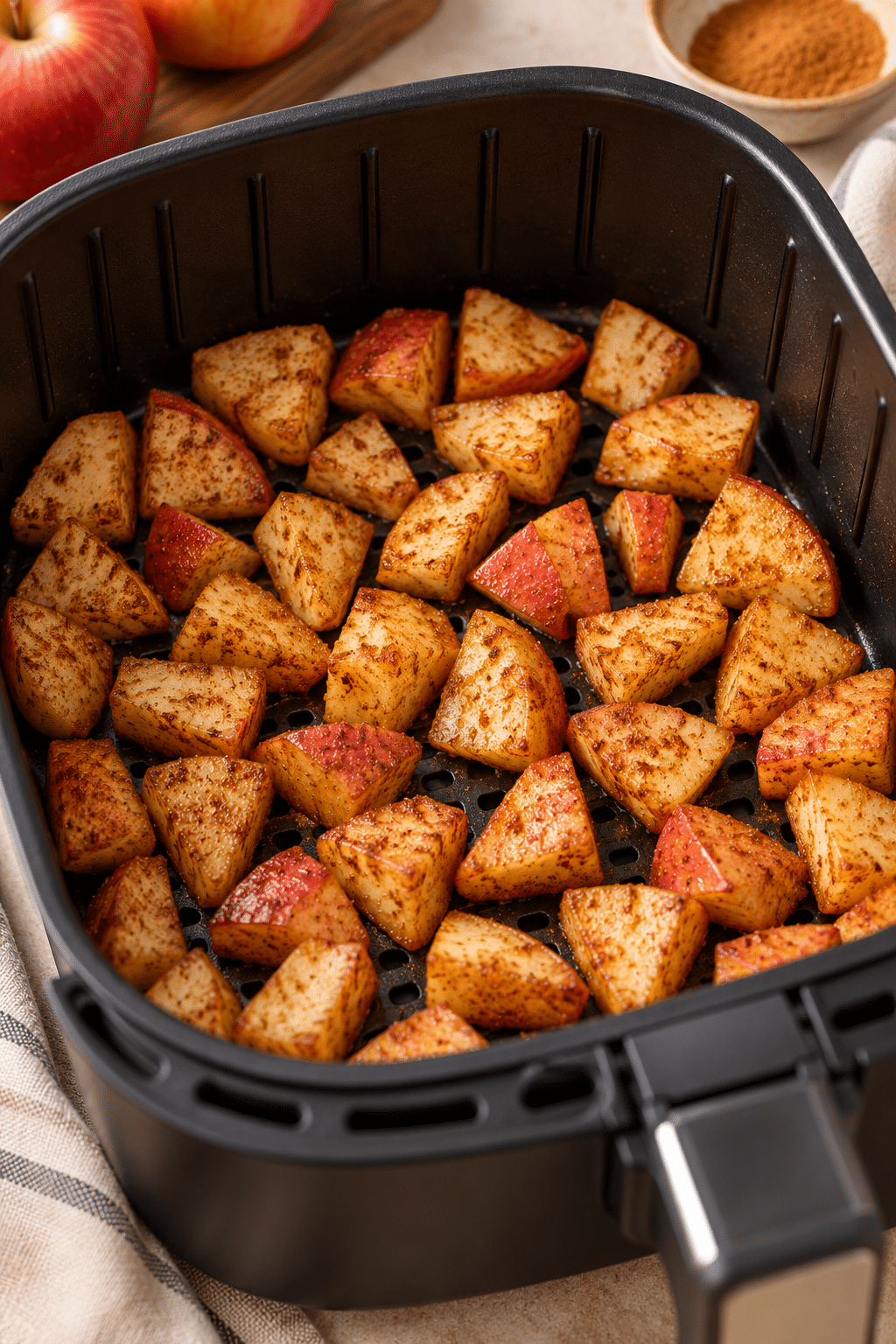 Cinnamon apples cooking in an air fryer basket