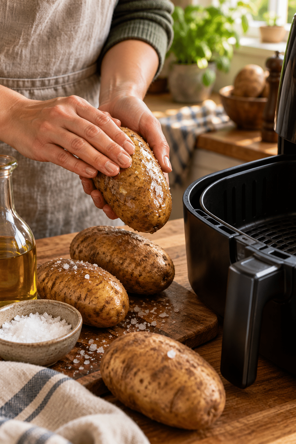 air fryer baked potatoes being prepared in the basket