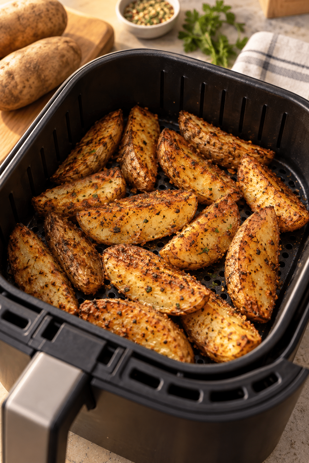 seasoned potatoes cooking in an air fryer basket