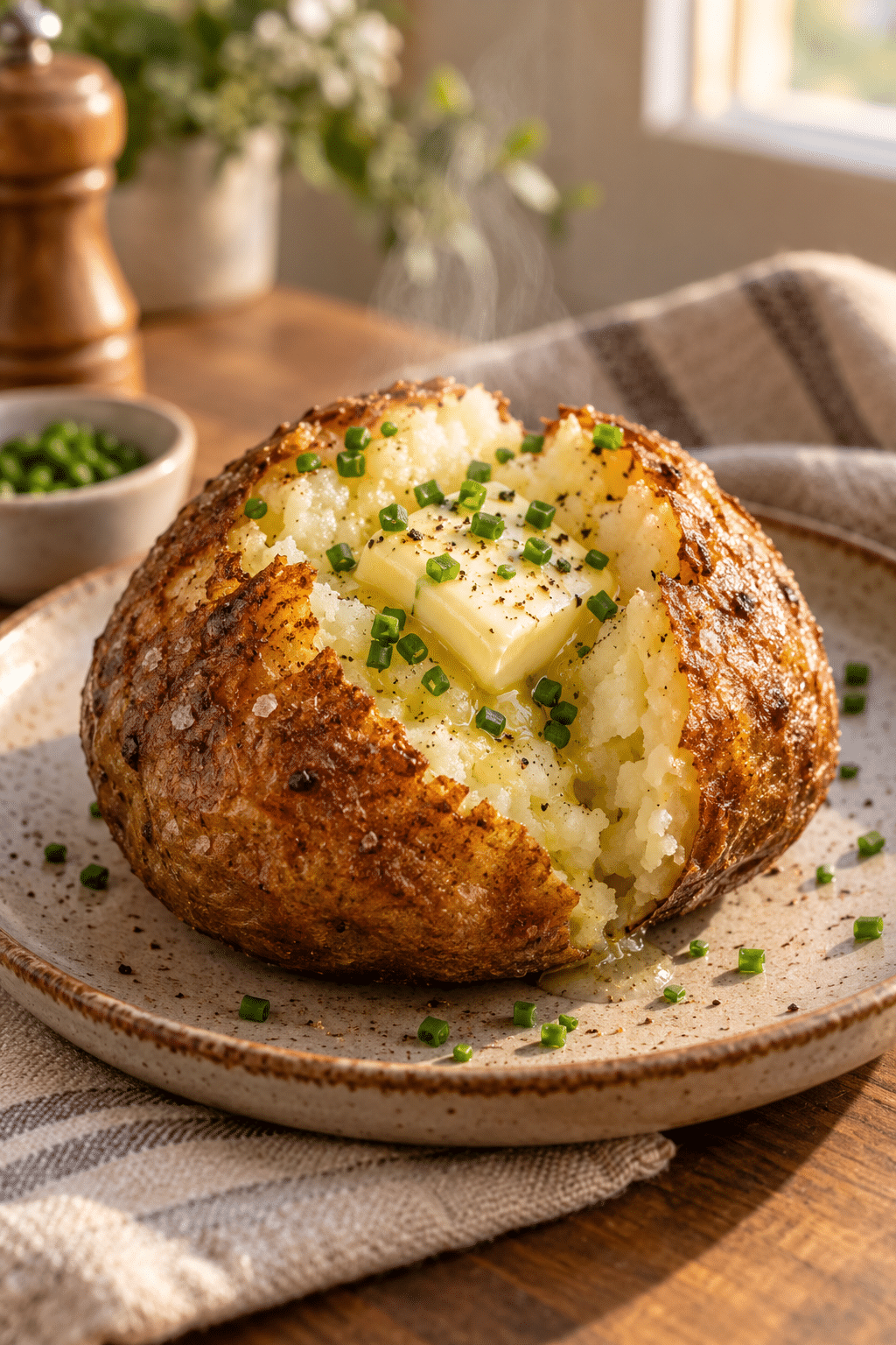 split air fryer baked potatoes ready for toppings