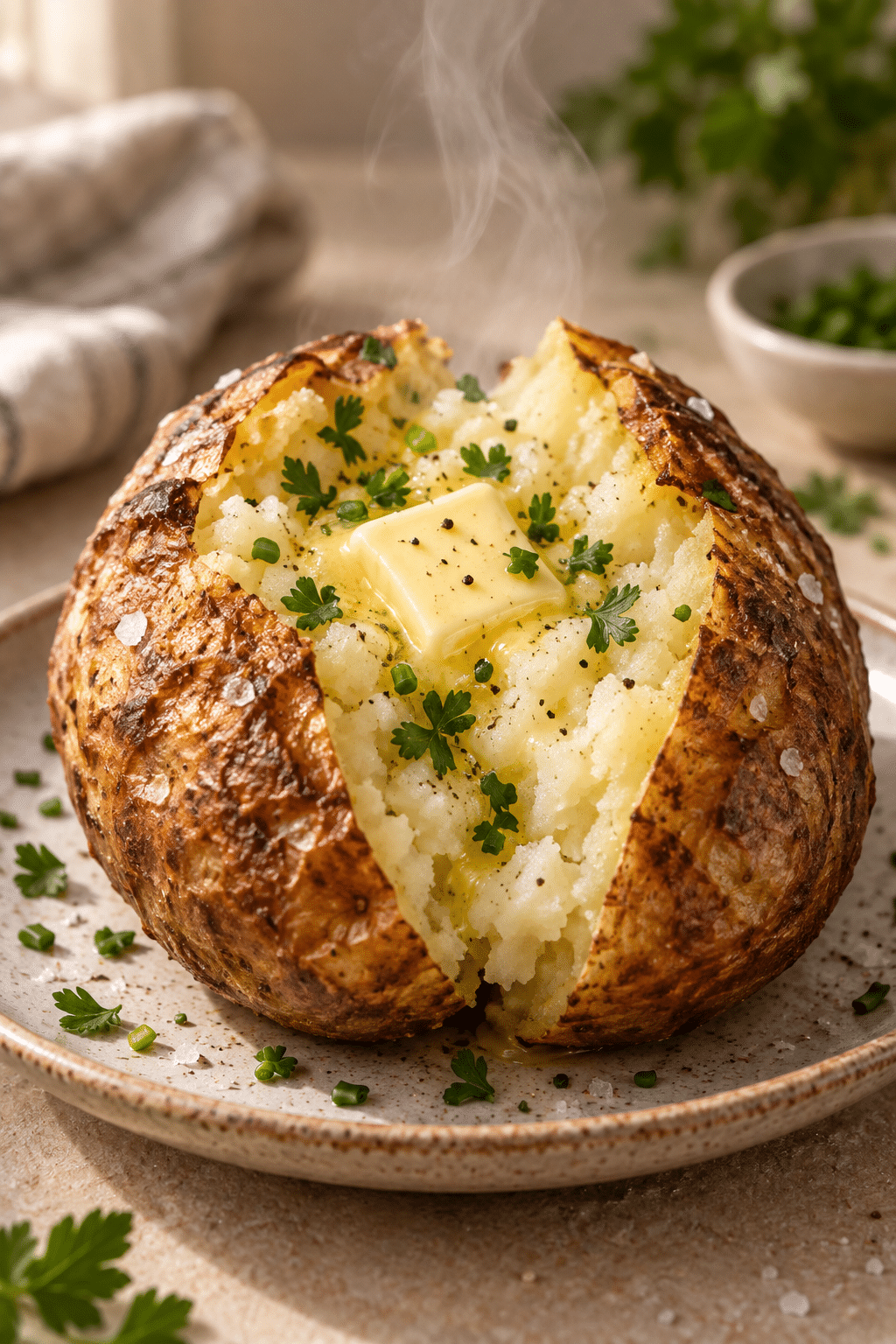 fluffy air fryer baked potato split open for toppings