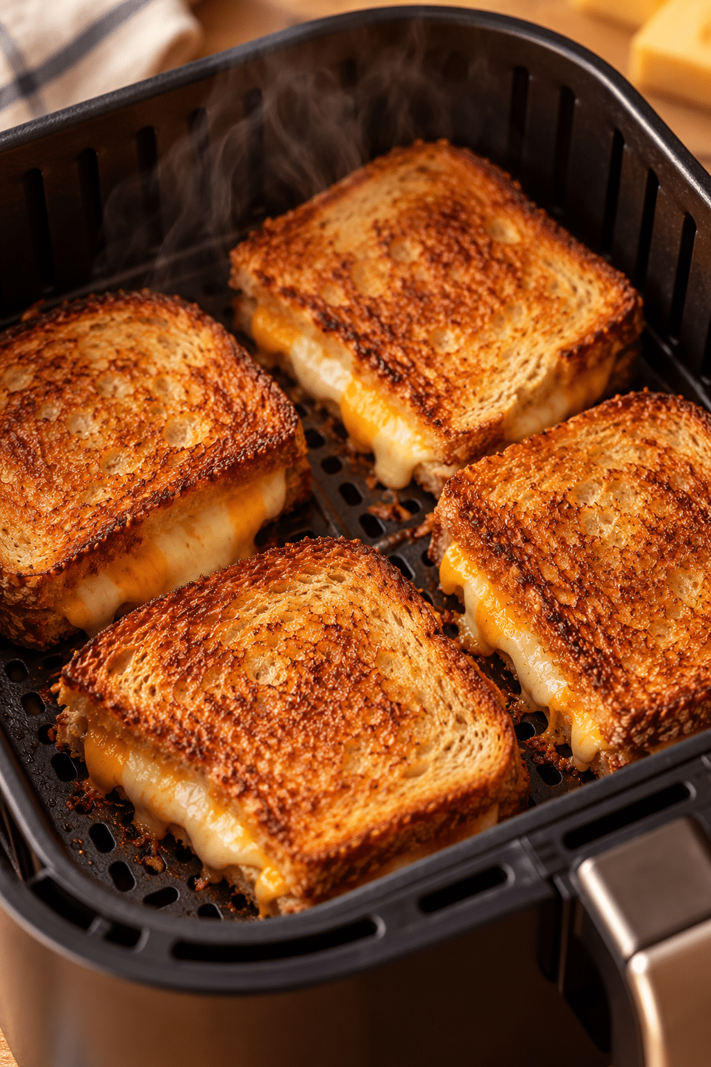 Air fryer grilled cheese sandwiches cooking until golden