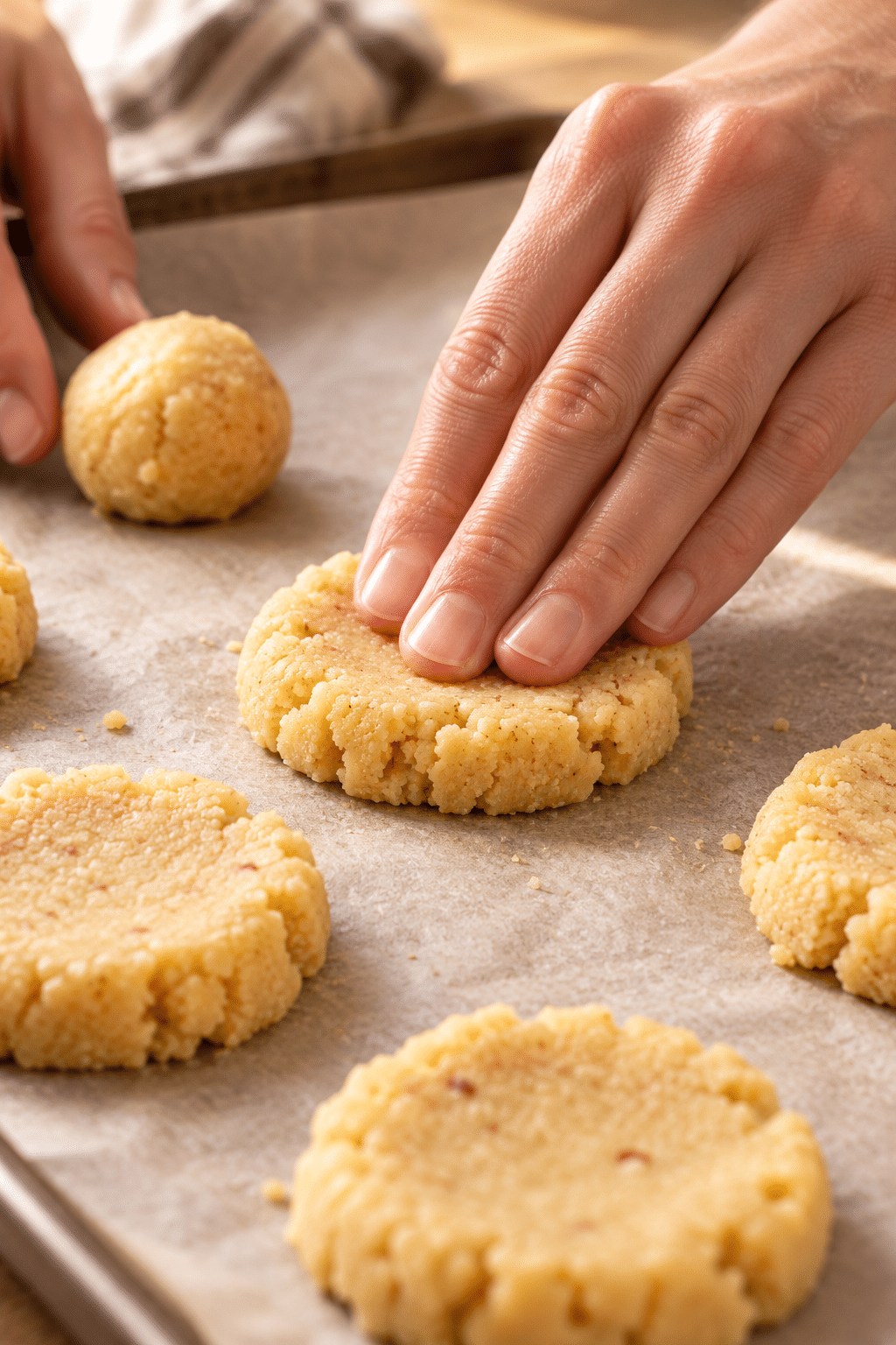 Pressing almond flour cookie dough on a baking sheet