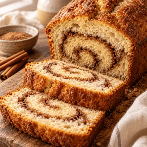 Amish cinnamon bread sliced on a board