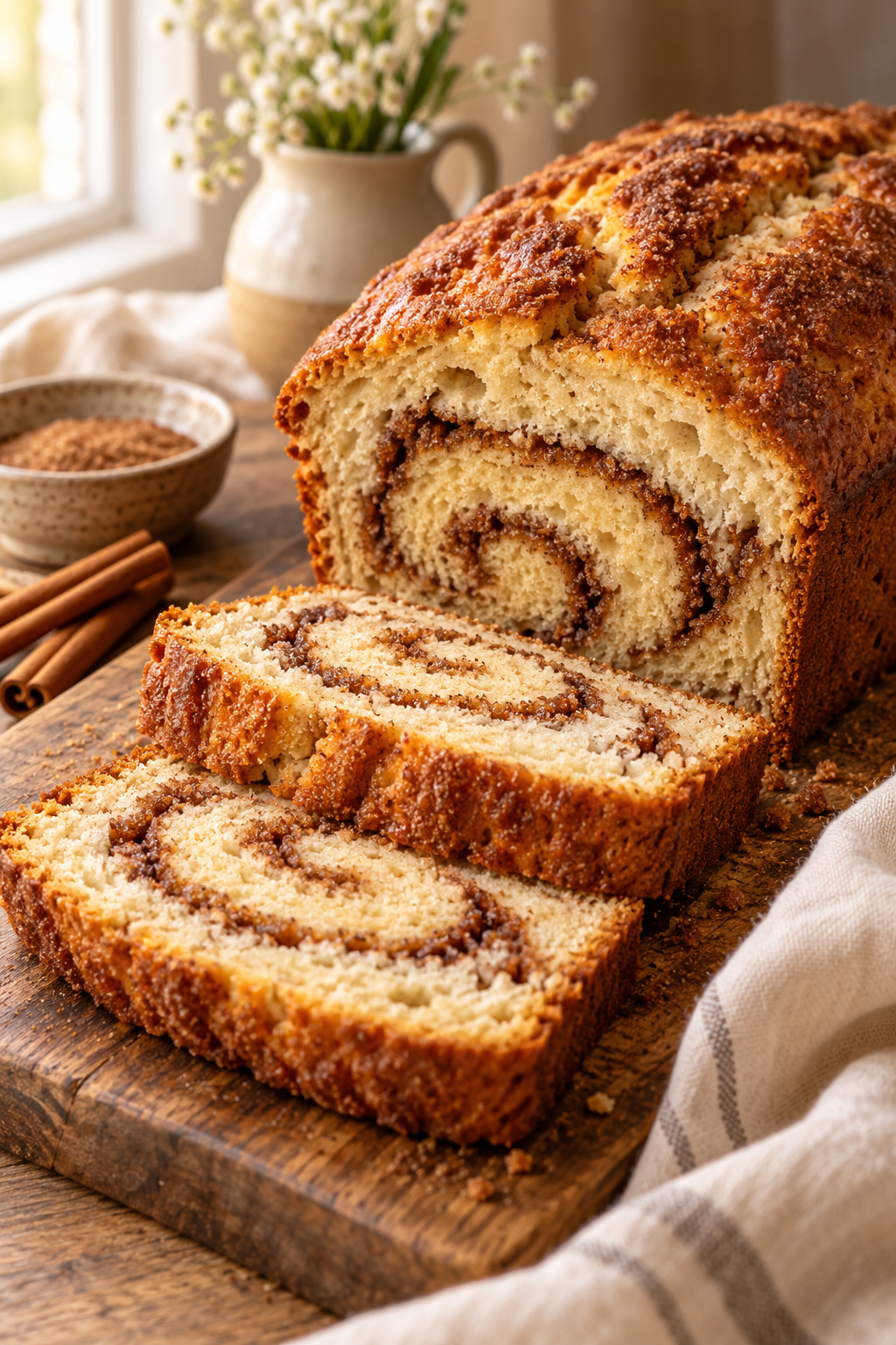 Amish cinnamon bread sliced on a board