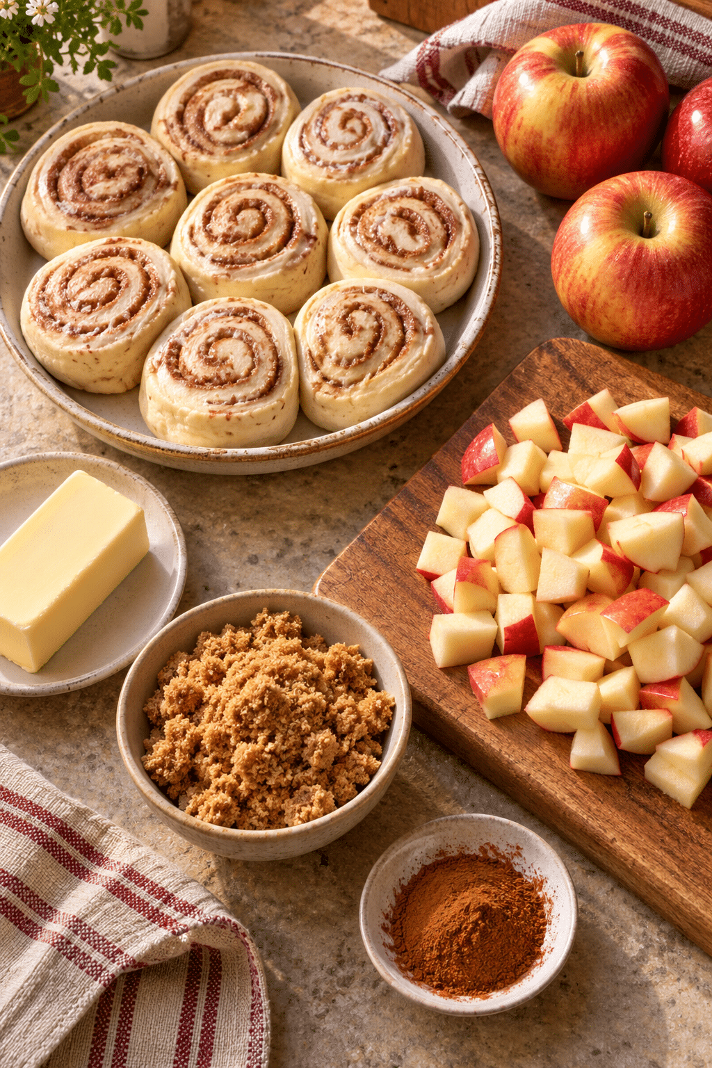 Ingredients for apple fritter breakfast casserole