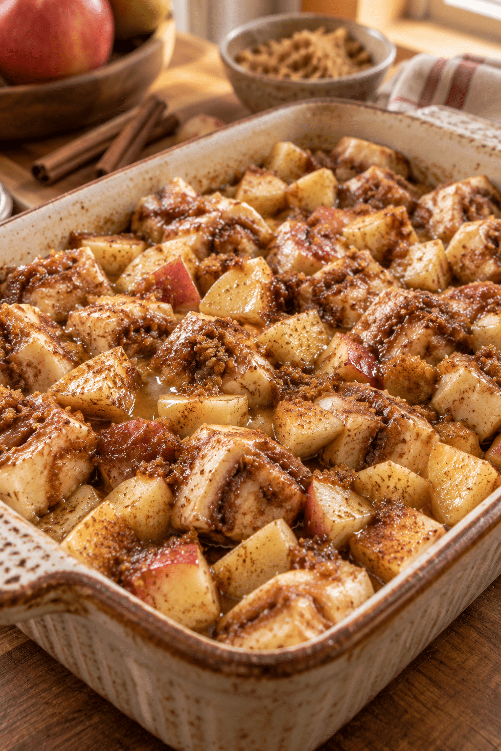 Apple fritter breakfast casserole before baking