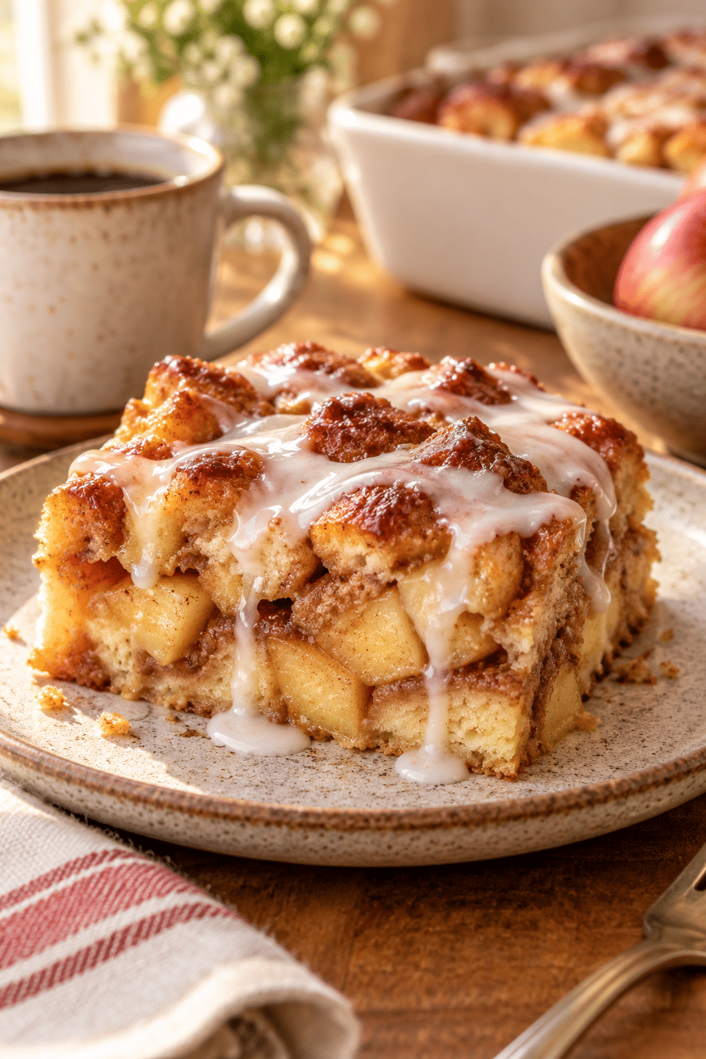 Warm apple fritter breakfast casserole drizzled with glaze