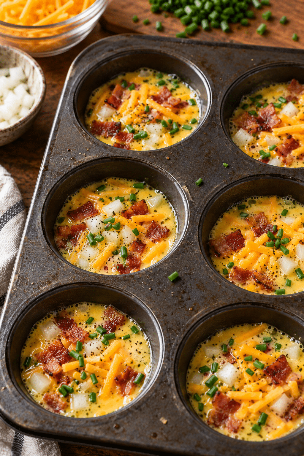 bacon cheddar chive egg muffins being prepared