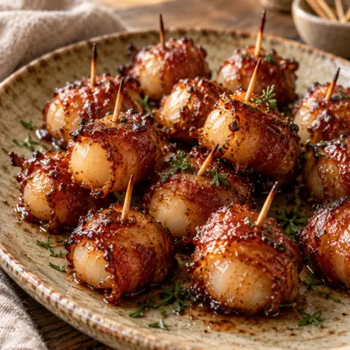 Bacon-wrapped water chestnuts with a glossy glaze