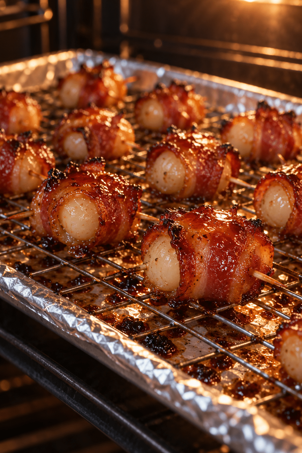 Bacon-wrapped water chestnuts baking on a rack