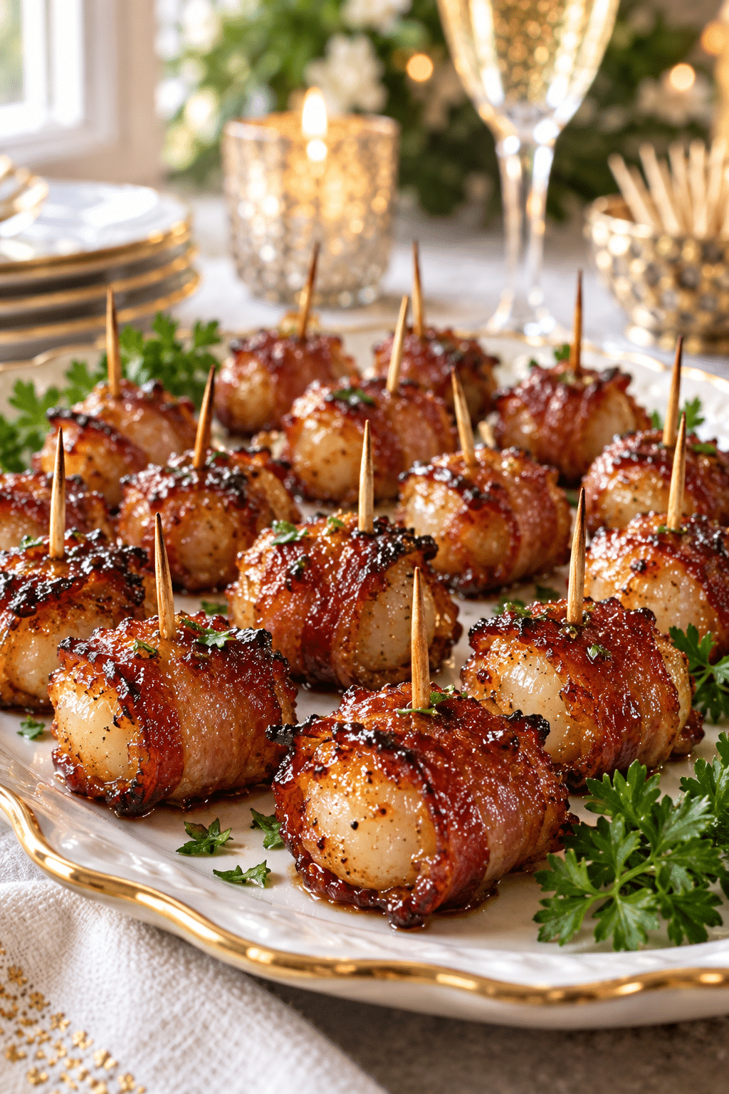 Bacon-wrapped water chestnuts arranged for serving