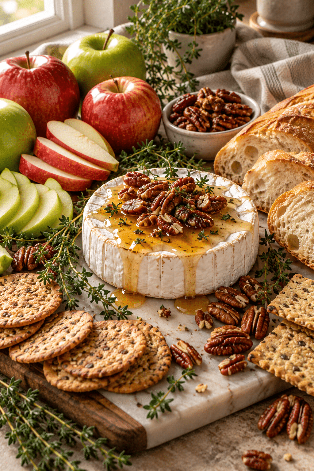 Ingredients for baked brie with maple syrup and thyme