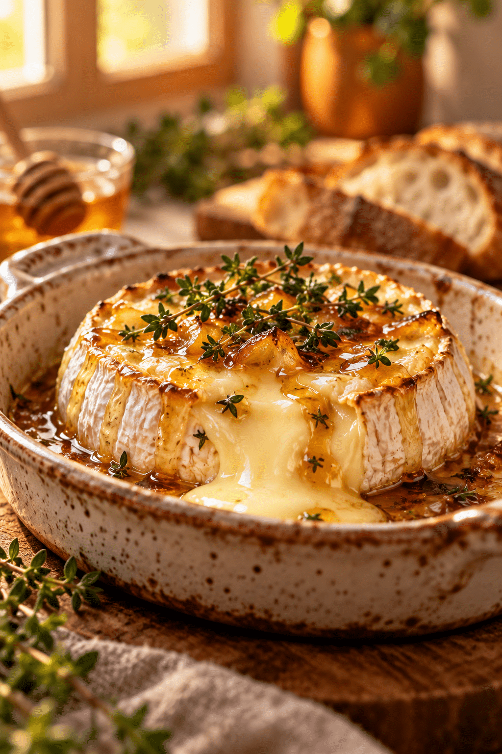 Baked brie warming in an oven-safe dish
