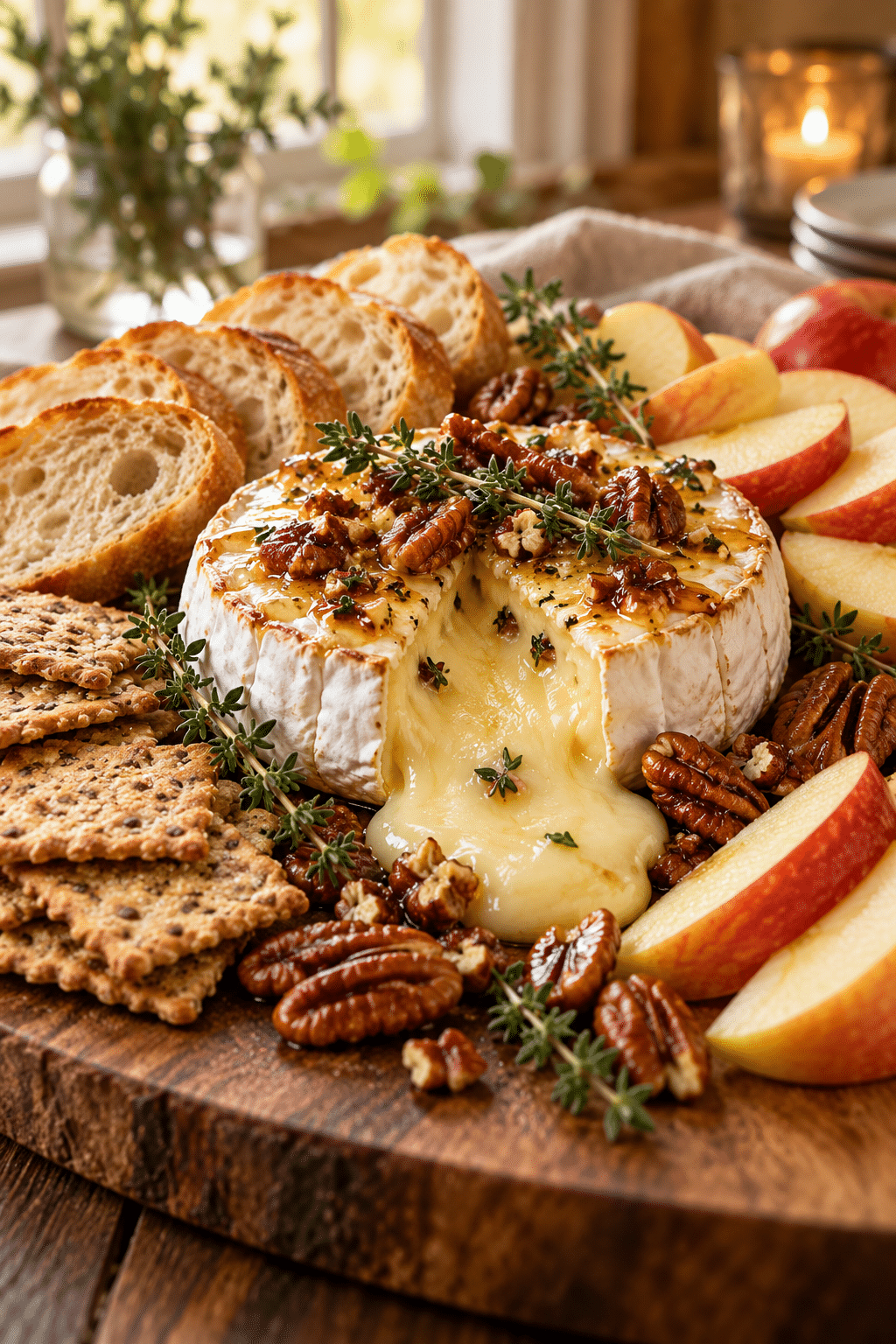 Warm baked brie served with crackers and apple wedges