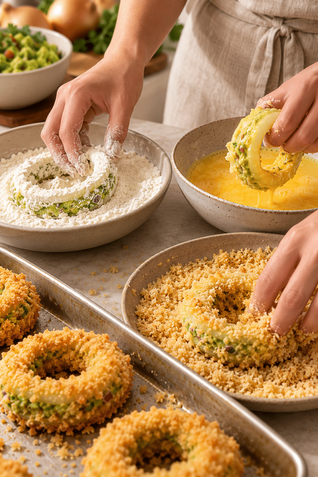 stuffed onion rings being breaded