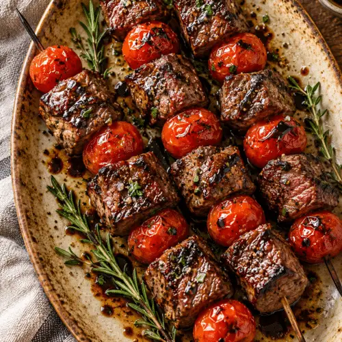 balsamic steak skewers with cherry tomatoes