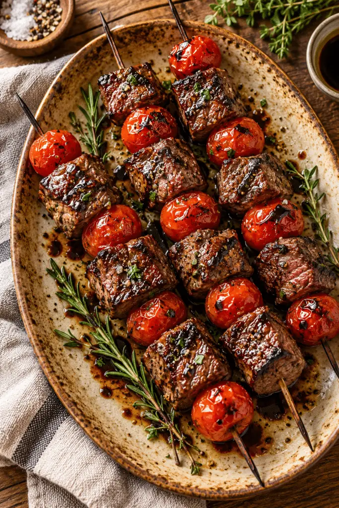 balsamic steak skewers with cherry tomatoes