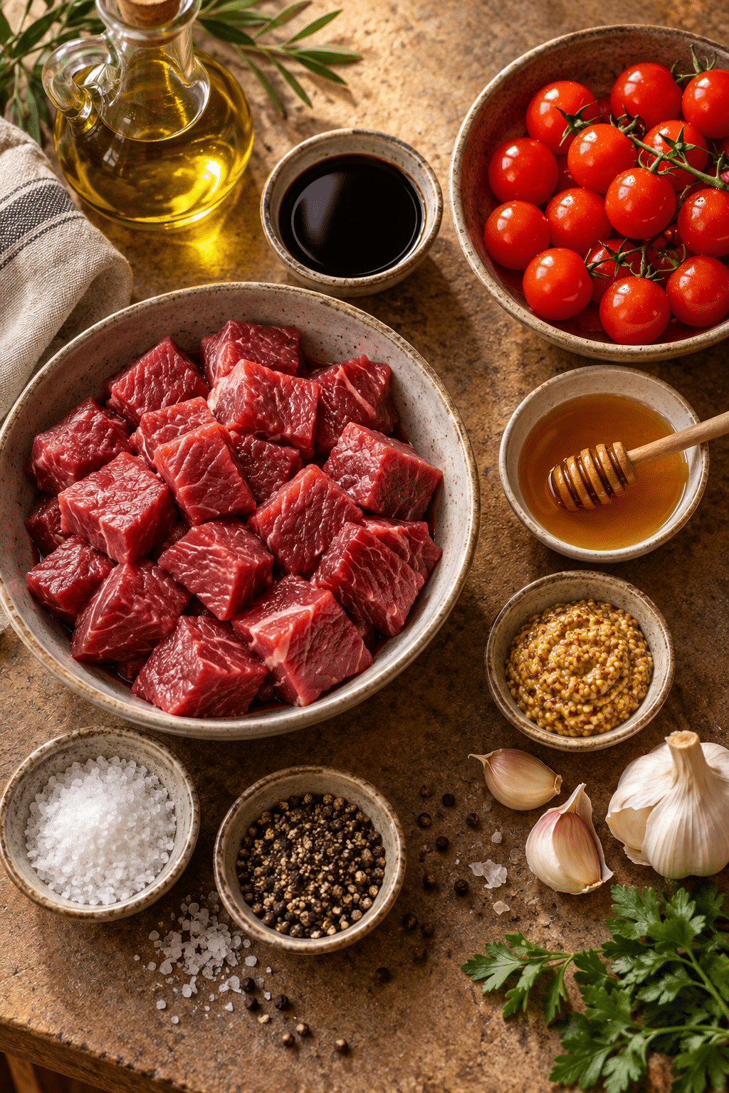 ingredients for balsamic steak skewers arranged on a counter