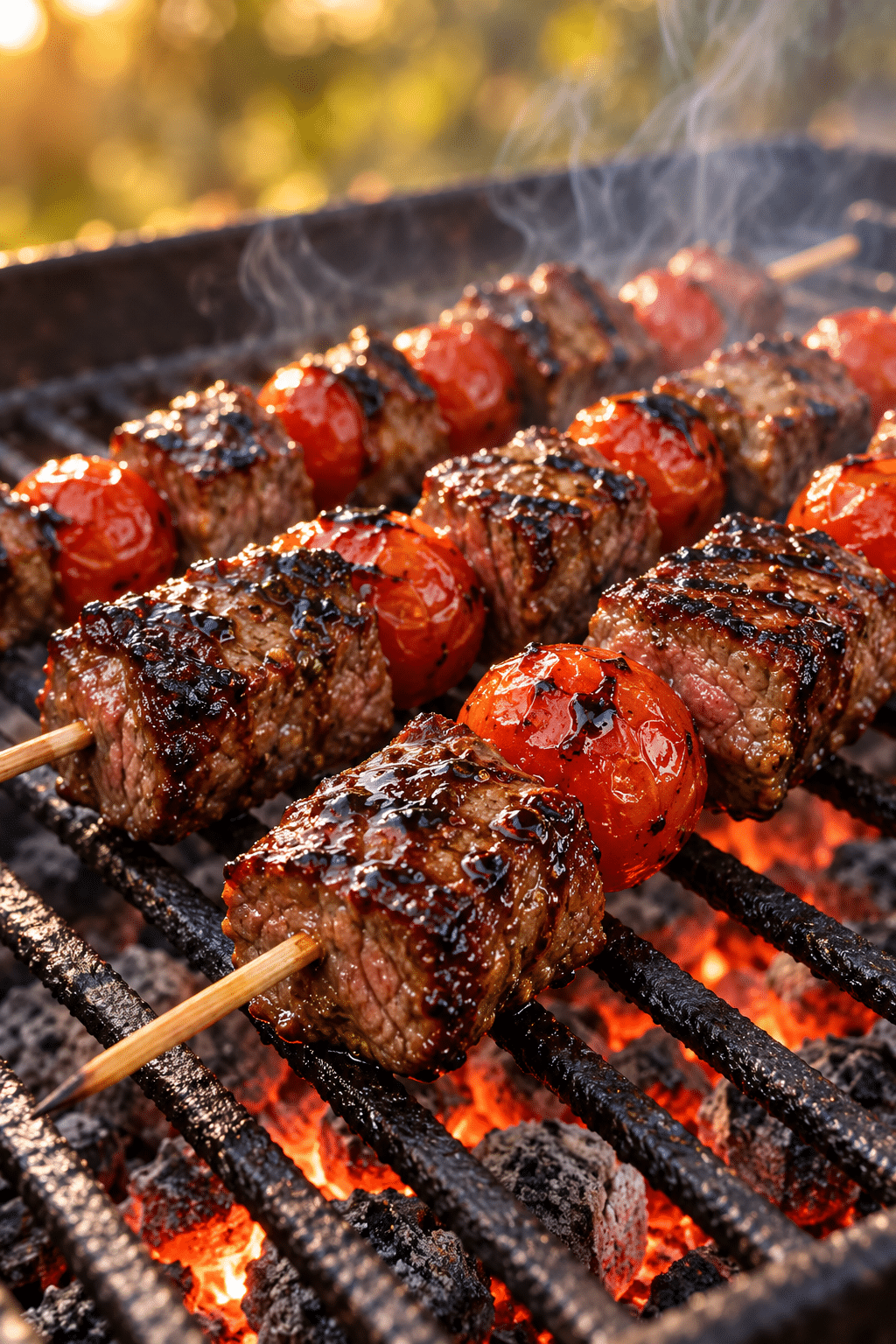 balsamic steak and tomatoes grilling on skewers