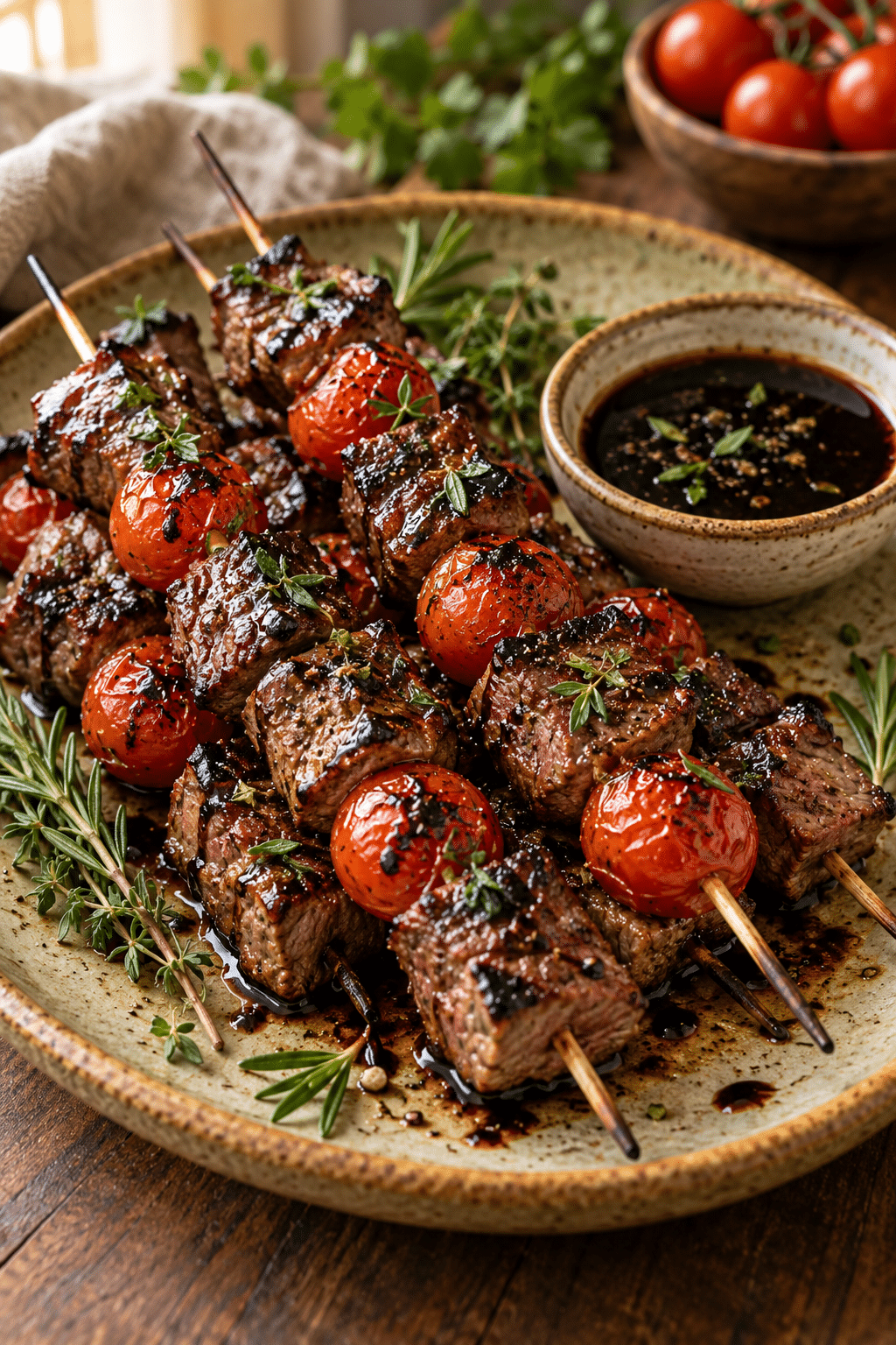 finished balsamic steak skewers with cherry tomatoes