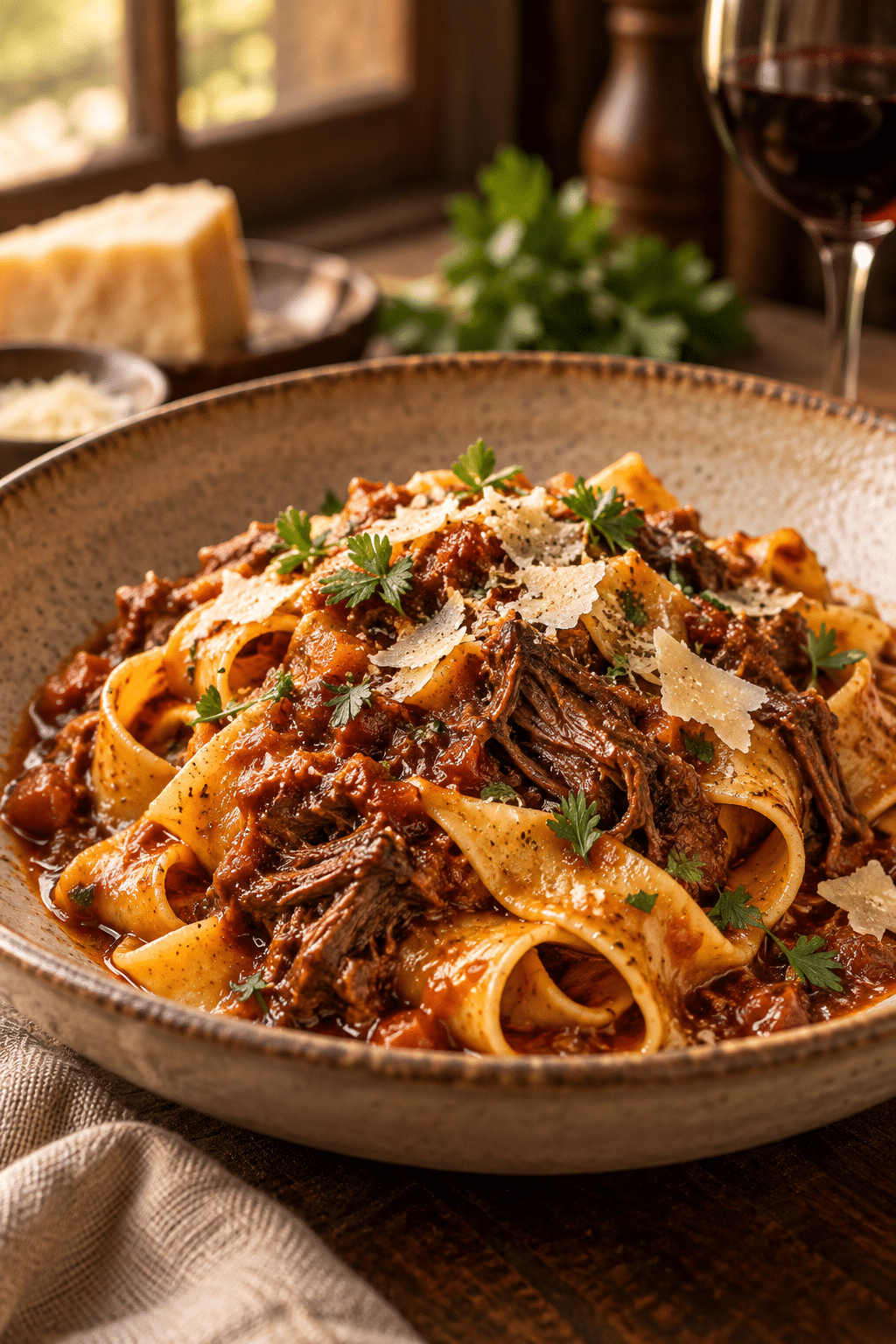 finished beef cheek ragu pasta with Parmesan