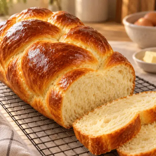 Braided brioche bread loaf with a golden crust