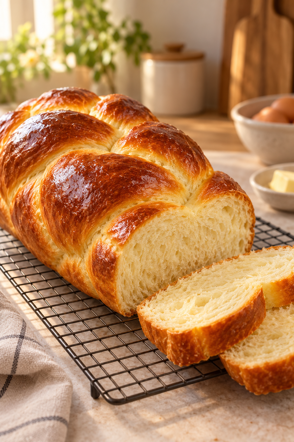 Braided brioche bread loaf with a golden crust
