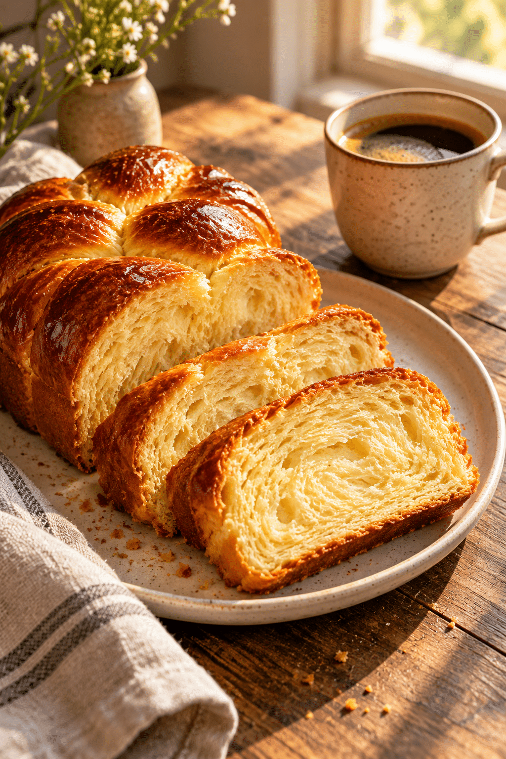 Sliced braided brioche bread ready to serve