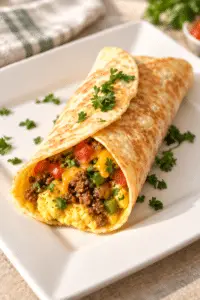 Breakfast burrito with eggs, taco meat, peppers, and cheddar