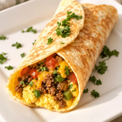Breakfast burrito with eggs, taco meat, peppers, and cheddar