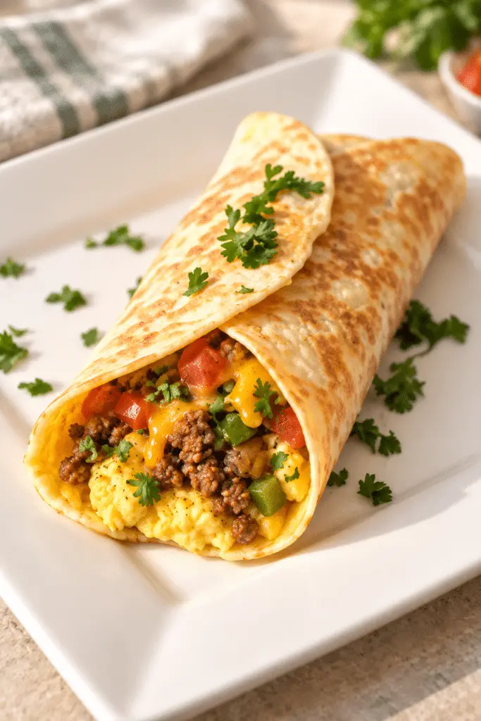 Breakfast burrito with eggs, taco meat, peppers, and cheddar